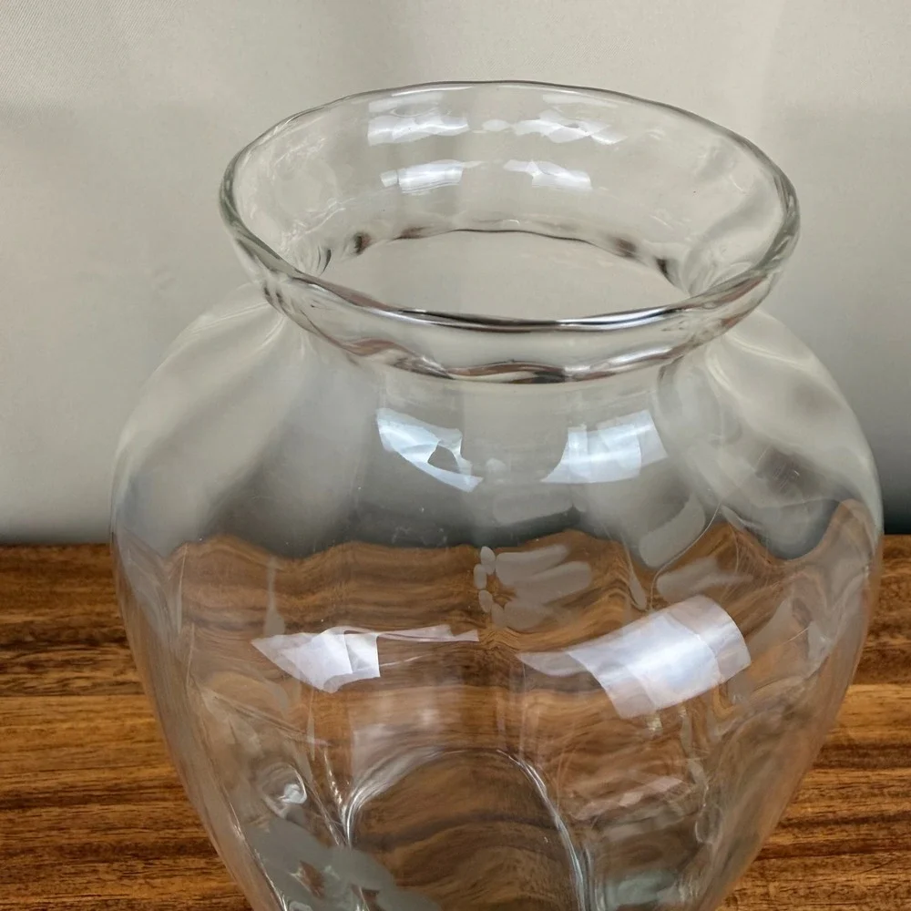 Vintage Hand Blown Optic Glass Vase Etched Floral Scalloped Rim Clear 8 inch